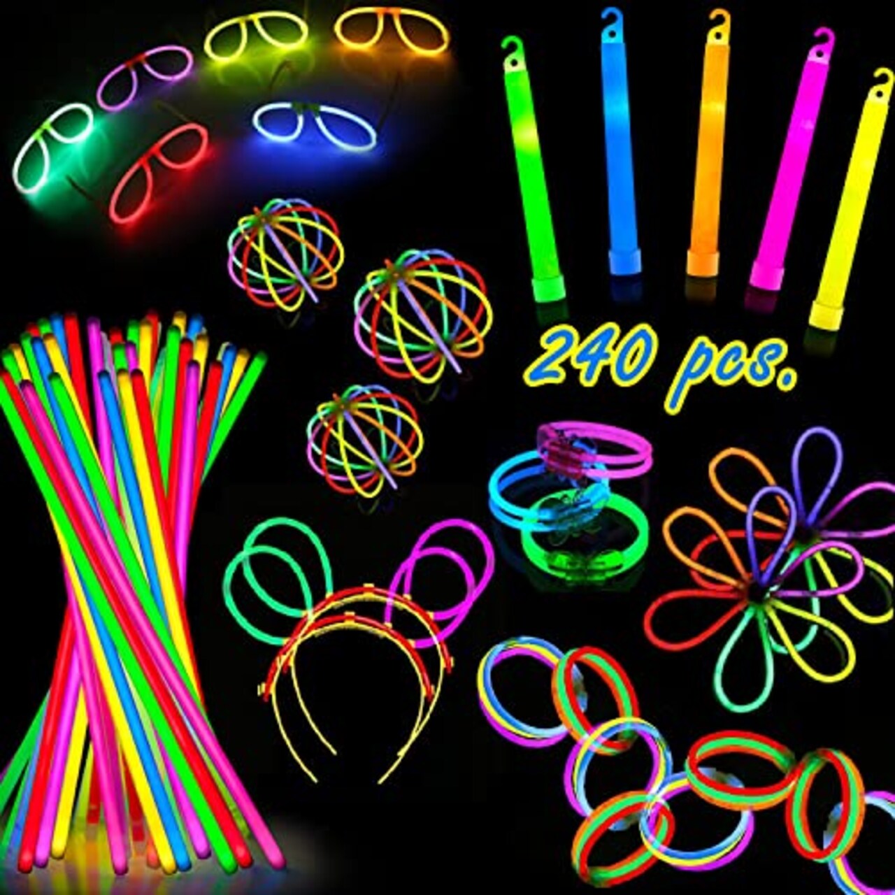 Glow Sticks Party Pack - 240 Pieces, Including 100 8-Inch Glow Sticks, 10 Ultra-Bright 6-Inch Glow Sticks, and Accessories for Creating Glow-in-the-Dark Necklaces, Bracelets, Glasses, Headbands, Balls, and Flowers